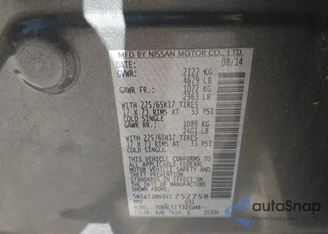 2015 Nissan Rogue Sv from USA, damaged, VIN 5N1AT2MV3FC752758